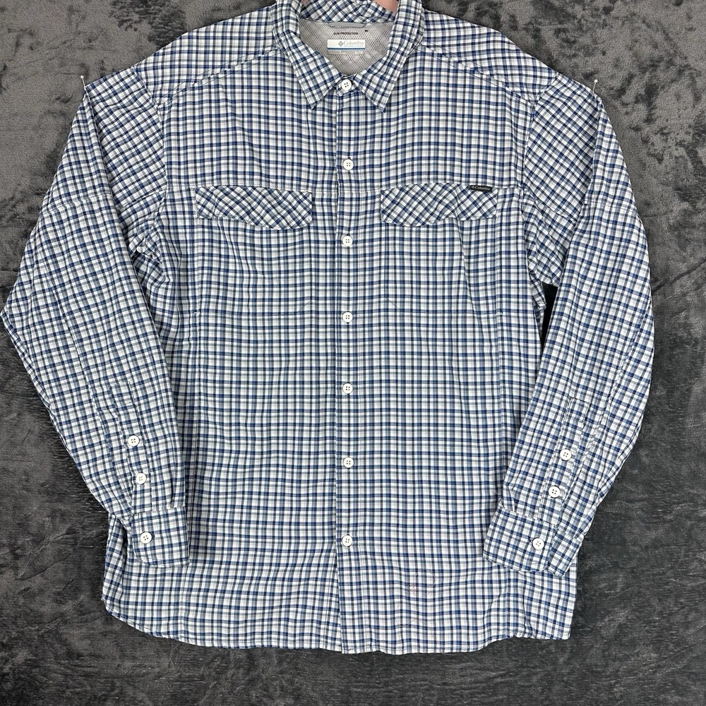 Columbia Blue/White Plaid Button Up Long Sleeve Pockets Shirt Men's XL AM7441